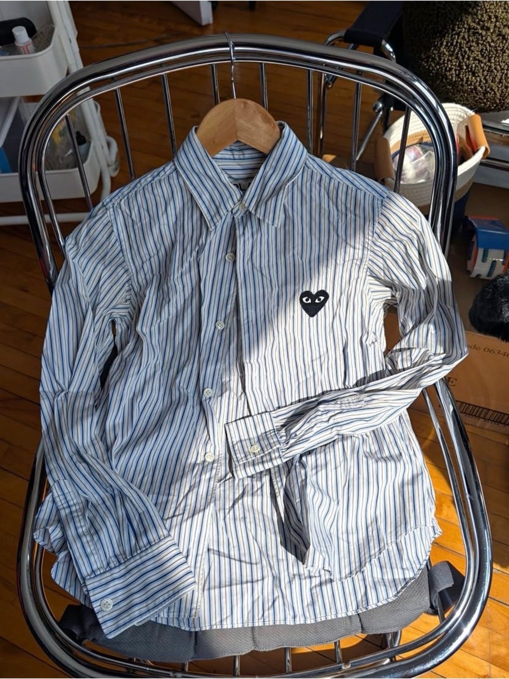Comme des Garcons Striped Blue and White Dress Shirt with Black Heart Patch
